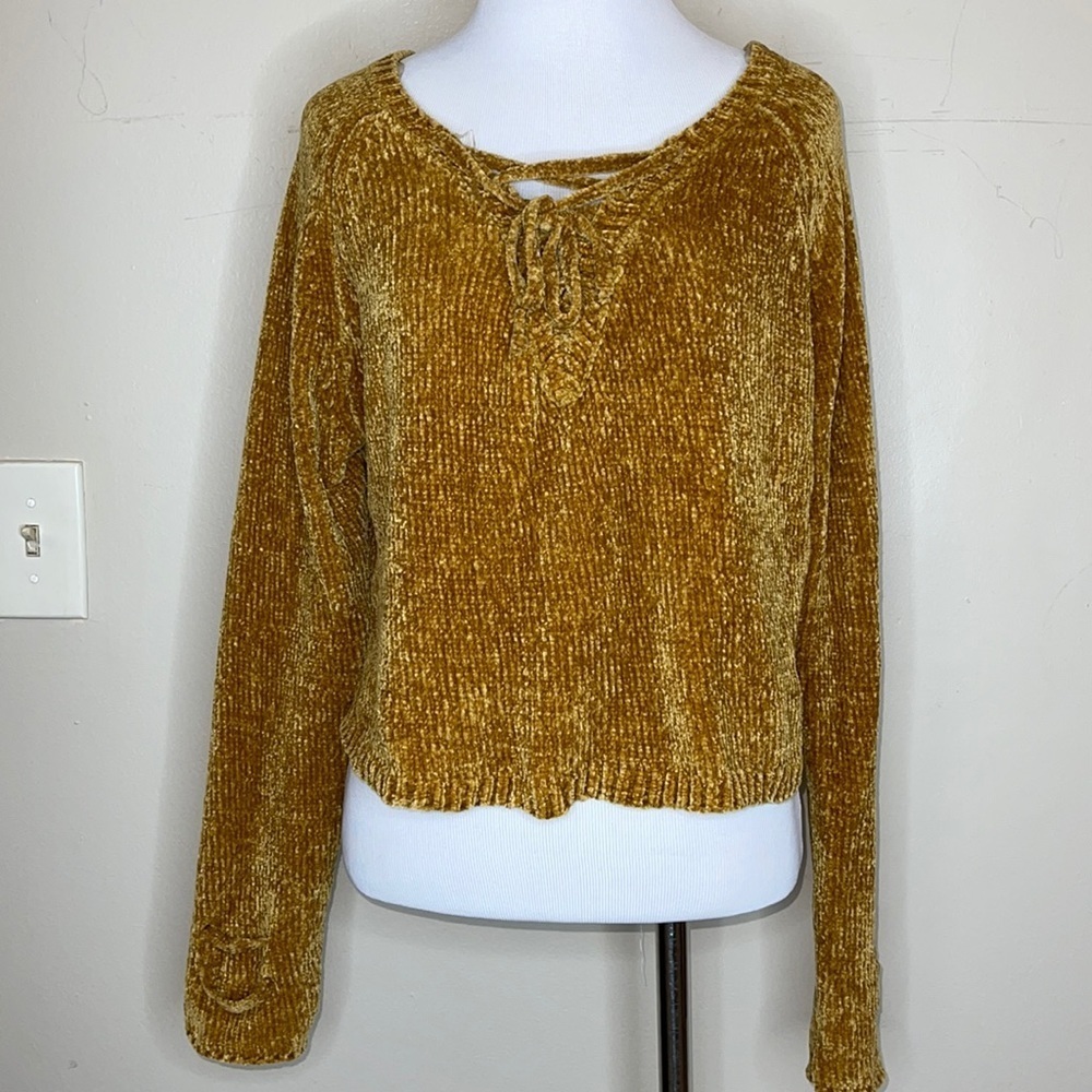 Derek Heart Mustard Gold Chenille Lace Up Crop Knit Sweater Plus Size XL
